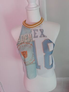 Forever 21 White Mesh & Light Blue Graphic Halter Crop Top with Yellow Trim